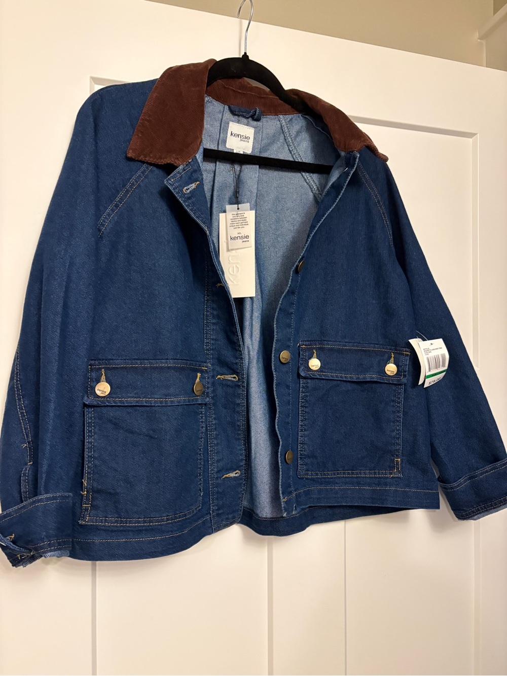kensie Blue Denim Jacket with Brown Corduroy Collar
